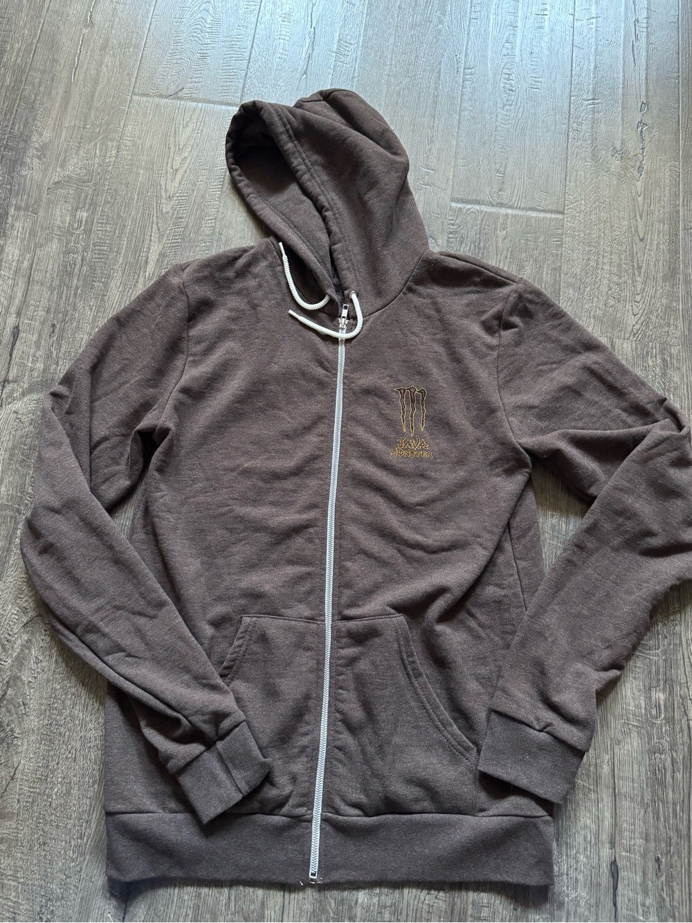 Monster Java Energy Men’s Full Zip Hoodie Brown Logo Pockets Drawstring Size L